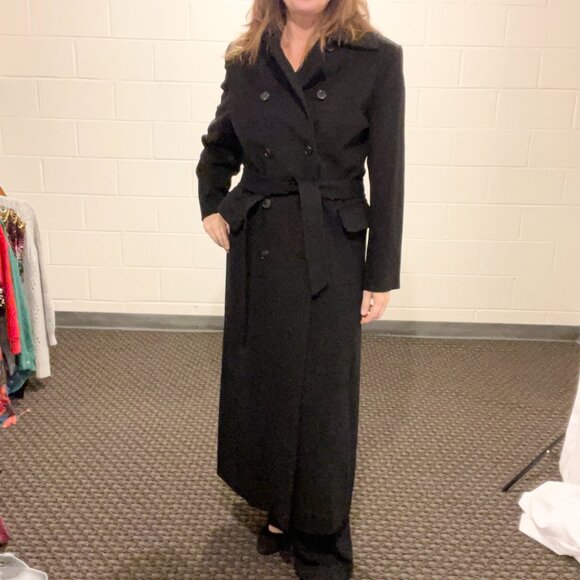 Calvin Klein Maxi Coat Size 12 Vintage 80's Black Double Breast Belt Merino Wool - Picture 2 of 15